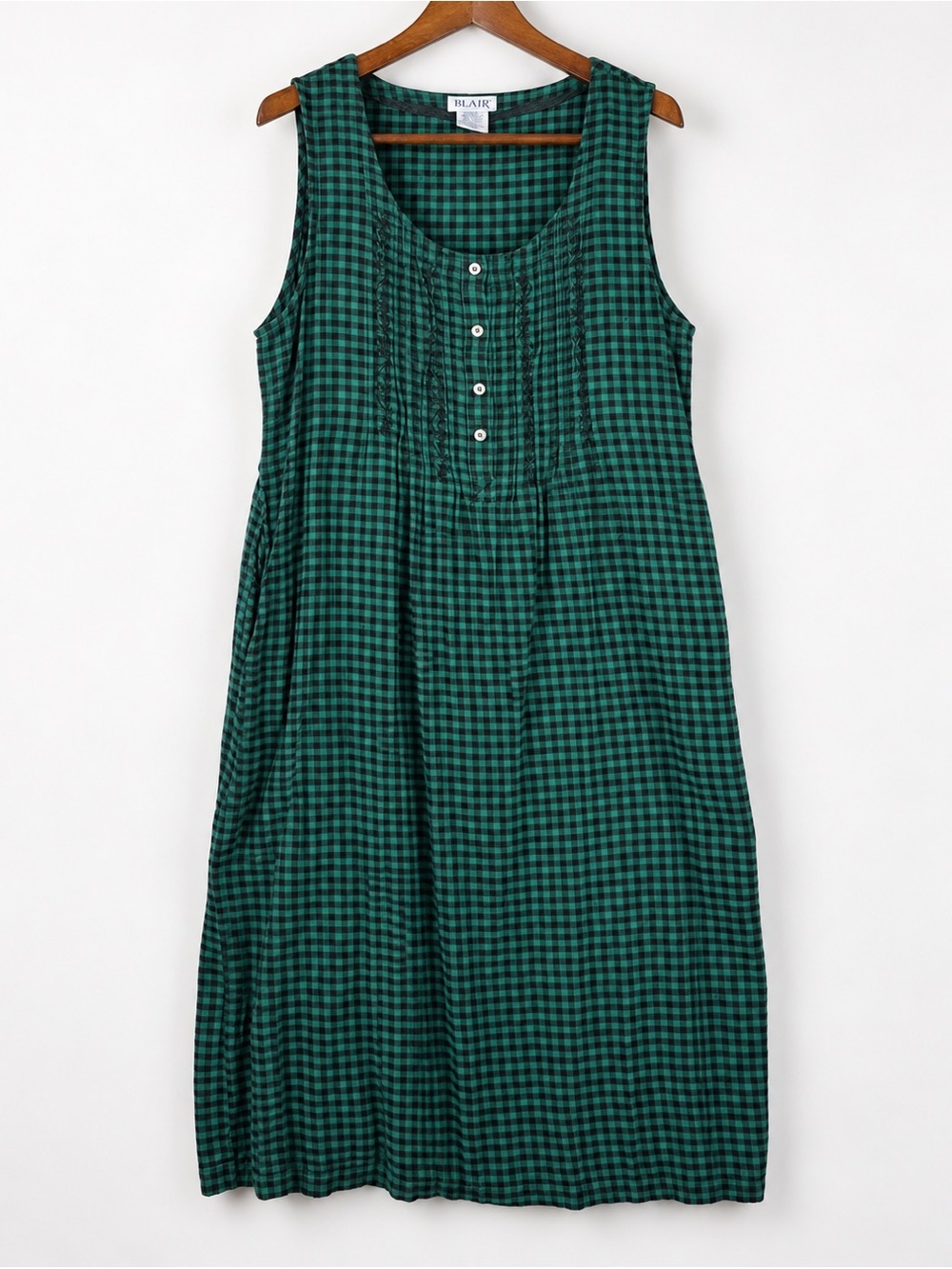 Vintage 90s Blair Green Gingham Cotton Pinafore Jumper Dress M